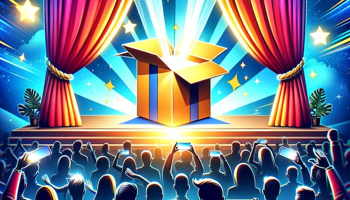 Brand activation event stage with confetti and cheering crowd
