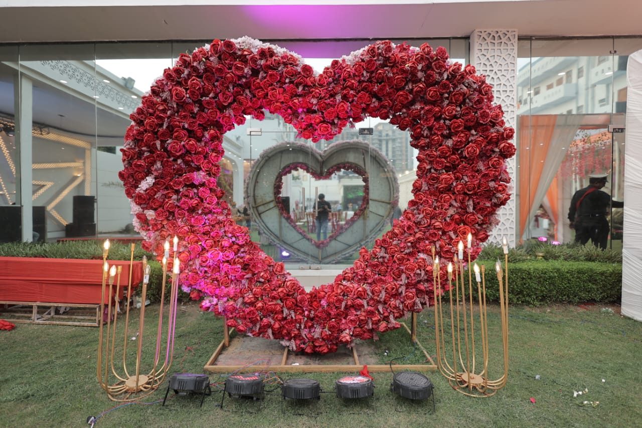Floral wedding mandap decor with fairy lights